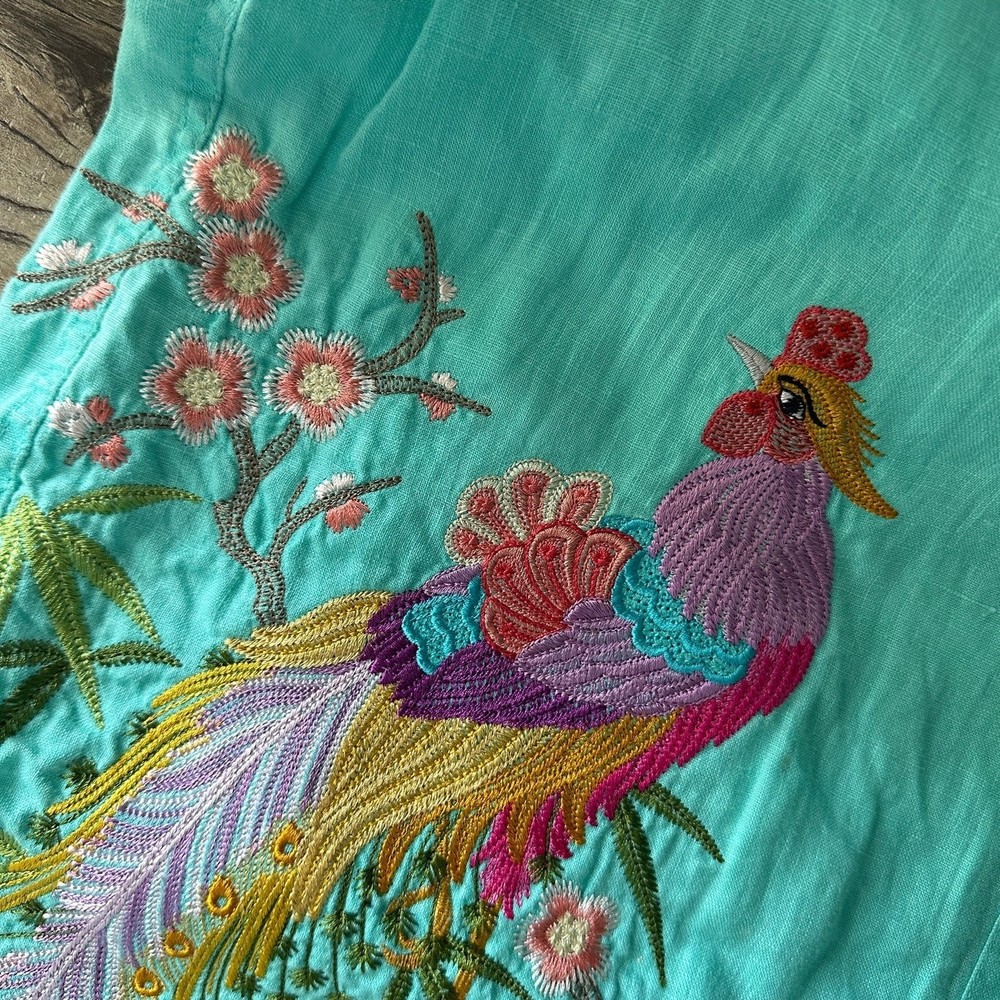 David N 100% Linen Seafoam Green Embroidered Colorful Peacock Blouse L - Picture 10 of 12